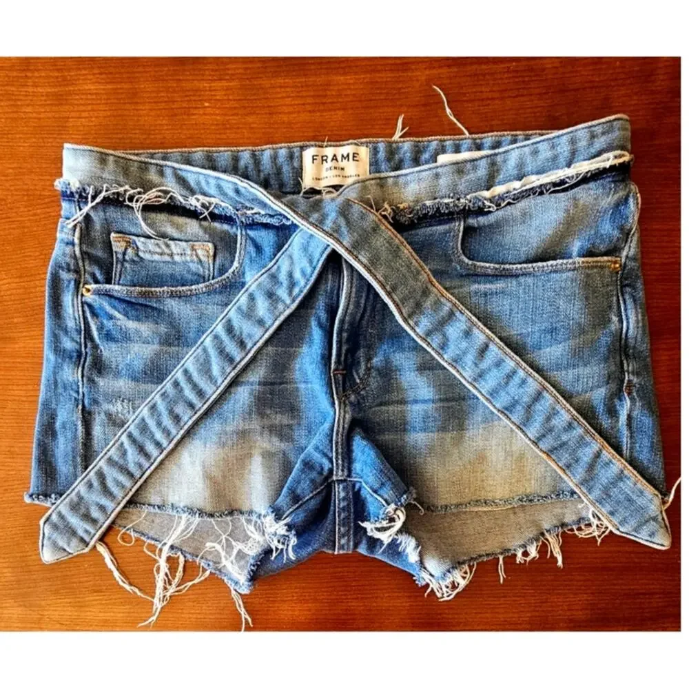 FRAME Jean Shorts Le Cutoff Tie-Waist, Denim, Released Edges, Mid Rise Sz 27 - Picture 4 of 9